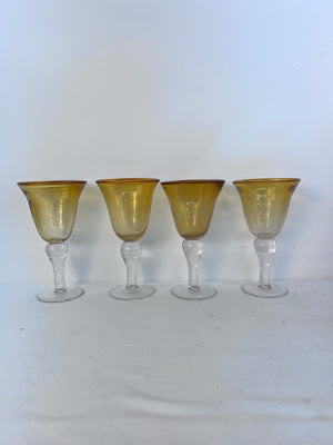 Artland Iris Amber Glasses with Seeded Bubbles Clear Stem 8" Set of 4 Thick Rim