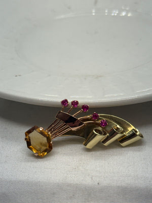 Vintage Retro-Era 14K Green and Yellow Gold Citrine Topaz Brooch 8.7g