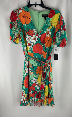 Adrianna Papell Aqua Coral Printed Short Wrap Dress Size 2 NWT MSRP $139