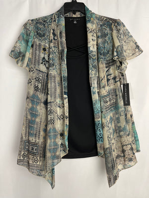 Sara Michelle Blue Multi Print Sheer Layered Open Front Blouse Women's 1X NWT