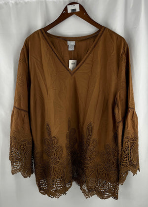 Chico's Women's Brown Pullover Top Lace Cutout Shirt Size 4 NWT MSRP $109