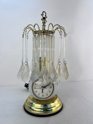 Vintage Hollywood Regency Brass Waterfall Clock Lamp Crystal Prism Accent Light