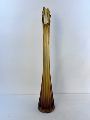 Vintage Mid-Century 22.5" Stretch Swung Ribbed Amber Art Glass Vase