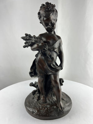 Auguste Moreau Bronze Sculpture Girl in Dress Holding Flowers 17"