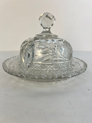 Vintage Antique American 20th C Brilliant Cut Covered Glass Cheese Plate Set
