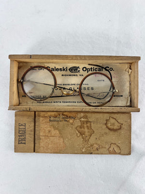 Antique 1922 Windsor Round Eyeglasses in Wooden Box Saleski Optical Richmond VA