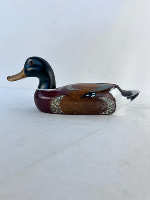 Vintage Solid Wood Mallard Duck Decoy Hand Carved & Hand Painted Glass Eyes