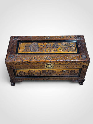 Vintage Chinese Carved Camphor Wood Chest Trunk Koi Fish Blanket Box 27x13x14"