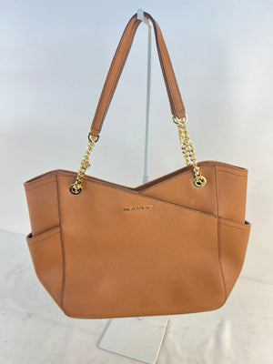 Michael Kors Jet Set Travel Medium Saffiano Leather Chain Tote Bag Brown