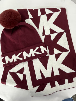 Michael Kors Burgundy & White MK Signature Scarf & Beanie Set NWT
