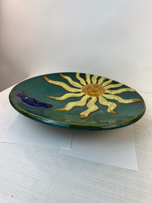 Large Art Pottery Raised Sun Moon Centerpiece Plate Dish Platter 20.5" Signed