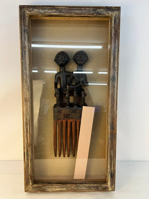 Large Ghanan African Ashanti Hand-Carved Wooden Comb In Shadowbox 17x33x4"