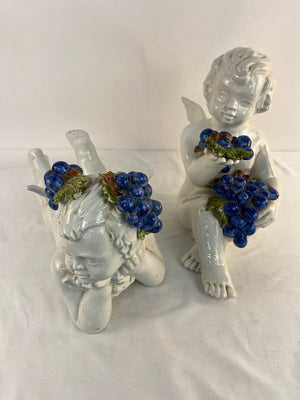 Vtg Large Italian Ceramic Cherub Putti Figurines Pair Crackle Glaze Grapes Italy