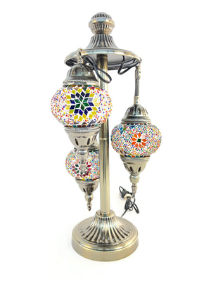 Turkish Mosaic Table Lamp 3 Globe Glass Antique Brass Desk Accent Light