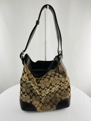 Coach Signature Canvas 6346 Slim Tan & Brown Hobo Style Zip Top Shoulder Handbag