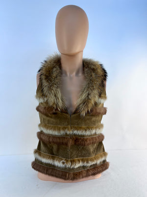 Vintage Caché Suede Leather & Fur Collar Stripe Vest Women's 4 Y2K