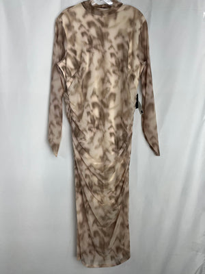 Express Beige | Green Mesh Mock Neck Ruched Long Sleeve Dress Size XL NWT