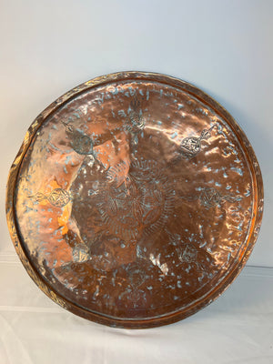 Vintage Antique Engraved Etched Copper Tray Turkish Middle Eastern Hanging 23.5"