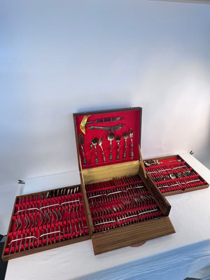 Vintage Thai Bronze Flatware Set MCM Siam Service for 12 Wooden Box Chest ~144pc