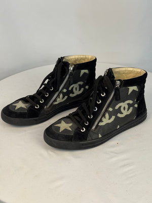 CHANEL G30243 Black Canvas Star Pearl Double Zip High Top Shoes Women Sz 40 US 9