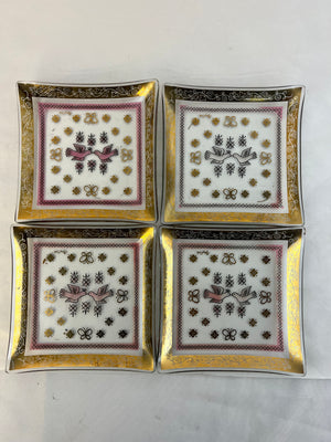 Vtg Gay Fad Glass Square Plate Trinket Dish Gold Doves Pink Butterflies Set of 4