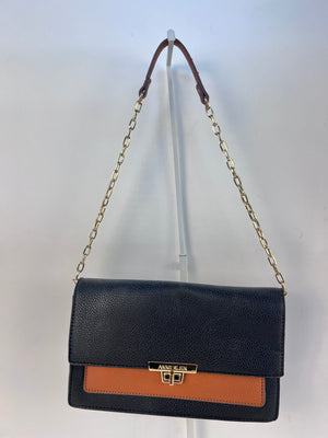 Anne Klein East/West Flap Colorblock Shoulder Bag Black/Saddle Chain Strap Purse
