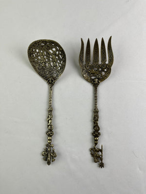 Ornate Ugo Bellini Silver Serving Spoon & Fork Set Vintage Italy