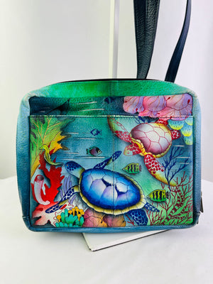 Anuschka Turtle Reef Leather Hand Painted Crossbody Bag Ocean Treasures Like New