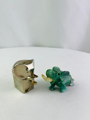 Set of 2 Vintage Miniature Elephants 1970s Dansk metal JHQ & Carved Green Stone
