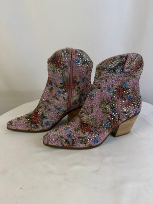 Betsey Johnson SB-DIVAF Diva Rhinestone Floral Western Boots Pink Multi Sz 9M
