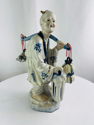 Vintage 14" Blue & White Chinese Woman Carrying Vegetables Figurine Taiwan