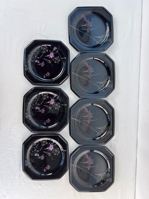 Vtg Mikasa Salad Plates Black 7 Set - 3 Ebony Meadow DR701 & 4 Ebony Fleur F3024