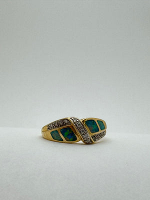 Yellow Gold Opal Ring 4g Opal Chip Diamond Accent Blue Vintage Size 9.25