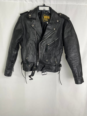 Bonus Genuine Black Leather Jacket Size 38 Tie Sides Belted Vintage Biker