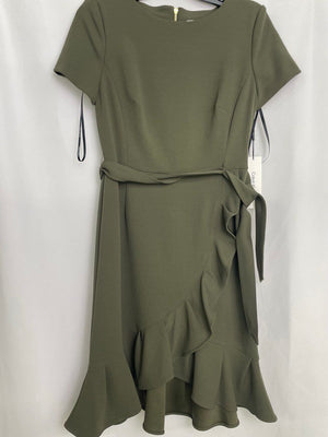 Calvin Klein Short Sleeve Belted Ruffle Shift Dress in Olive Green Women 4 NWT