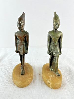 Set of 2 Vintage Bronze Figure Statue Pharaoh Standing Walking on Marble Base