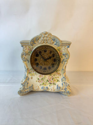 Ansonia "Kennebec" Floral Ceramic Mantle Clock w/ Key for Restoration