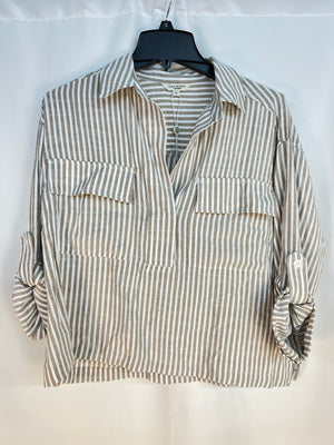 Max Studio London Striped Roll Tab Pullover Blouse Beige White S NWT $118