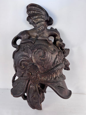 Antique Style Carved Wood Burgonet Helmet Wall Plaque Dragon Renaissance Decor