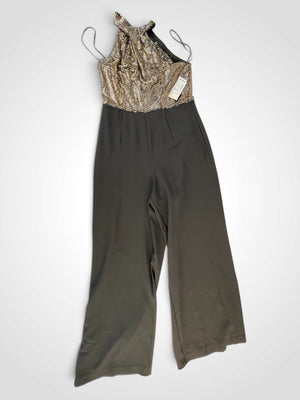 Julia Jordan Halter Neck Rhinestone Embellished Wide Leg Jumpsuit Black Gold 12