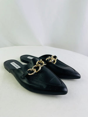 Steve Madden Vivo Black Leather Chain Loafer Mule Flat Slides Women's Size 7