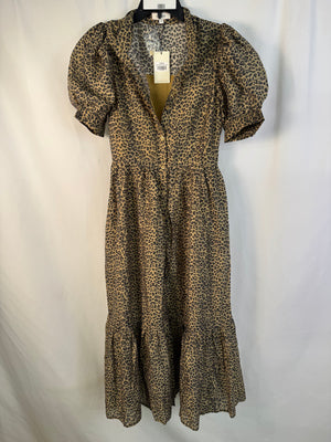 NWT Avara Martha Leopard Print Maxi Dress Size S Small Puff Sleeve Button Front