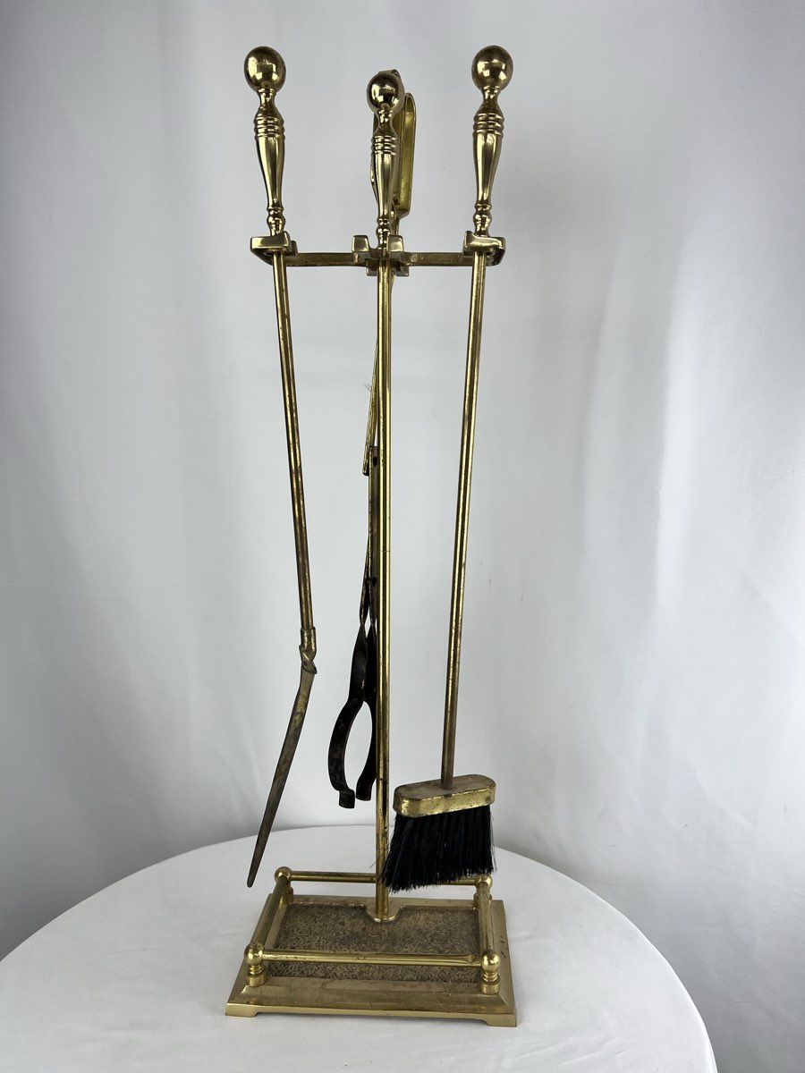 4pc Vintage Brass Spindle Head Fireplace Tool Set 3 Tools w/ Stand