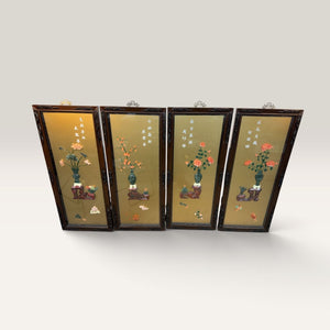 Vintage Chinese Four Seasons Wall Art Panels Glass Inlaid Stone Taiwan Set 4