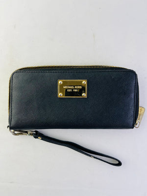 Michael Kors EST. 1981 Black Saffiano Leather Wristlet Wallet Gold Plaque