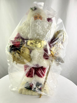RARE Santa Claus Figurine Red Velvet Suit Faux Fur Gold Staff 21" Decor New