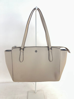 Tory Burch Emerson Small Top Zip Tote Bag Grey Taupe Saffiano Leather Purse