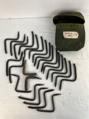 Lot of 24 Vtg Tree Climbing Step Screw-In Hunting Metal Hooks, Storage Pouch Bag