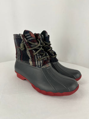 Sperry Top Sider Saltwater Gray Navy Red Plaid Duck Boots Women's 7.5M