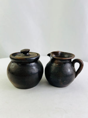 Vintage Dark Brown Stoneware Cream & Sugar Set Studio Pottery Rustic Primitive